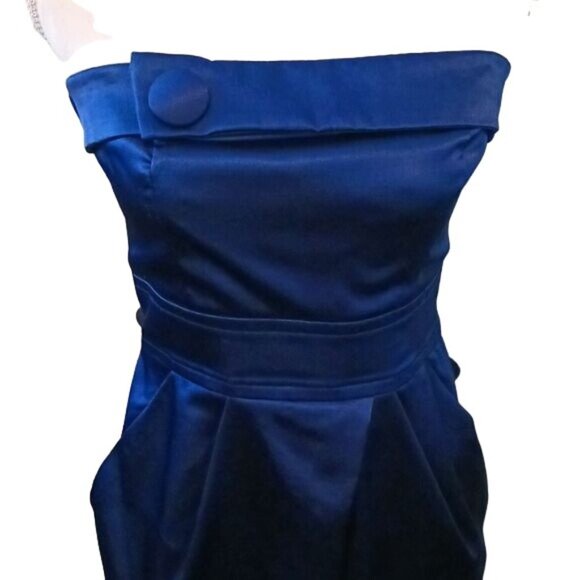 Teeze Me Strapless Mini Dress Front Button Fold Detail Royal Blue Size 9 Junior - Picture 2 of 10